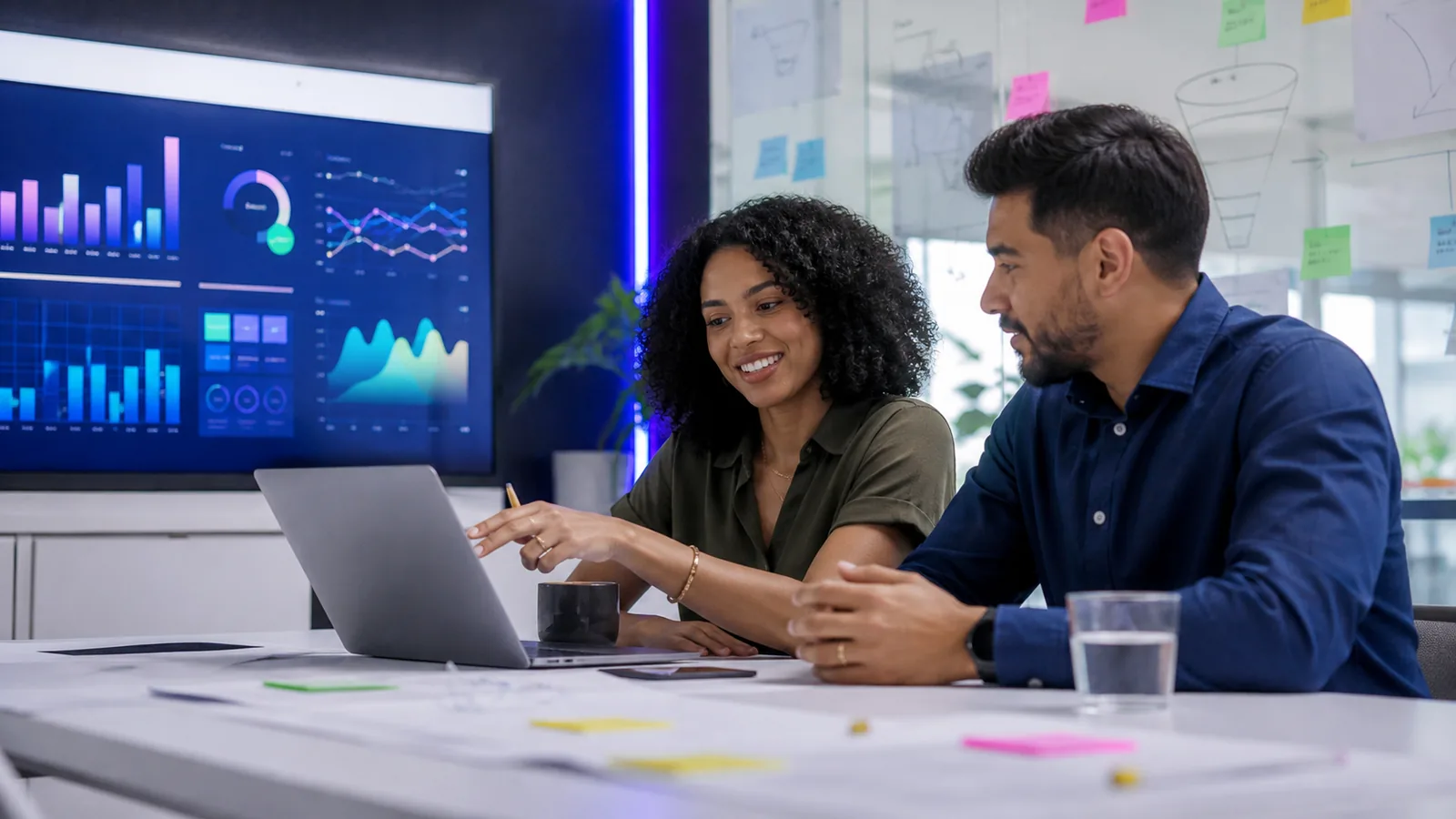Estrategista de marketing e cliente revisando campanhas, funil e métricas de Ads