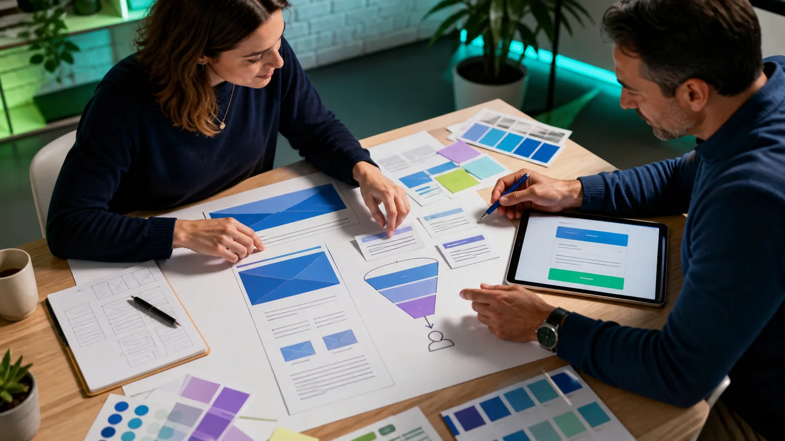 Especialistas organizando a estrutura de uma landing page com funil e chamada para ação