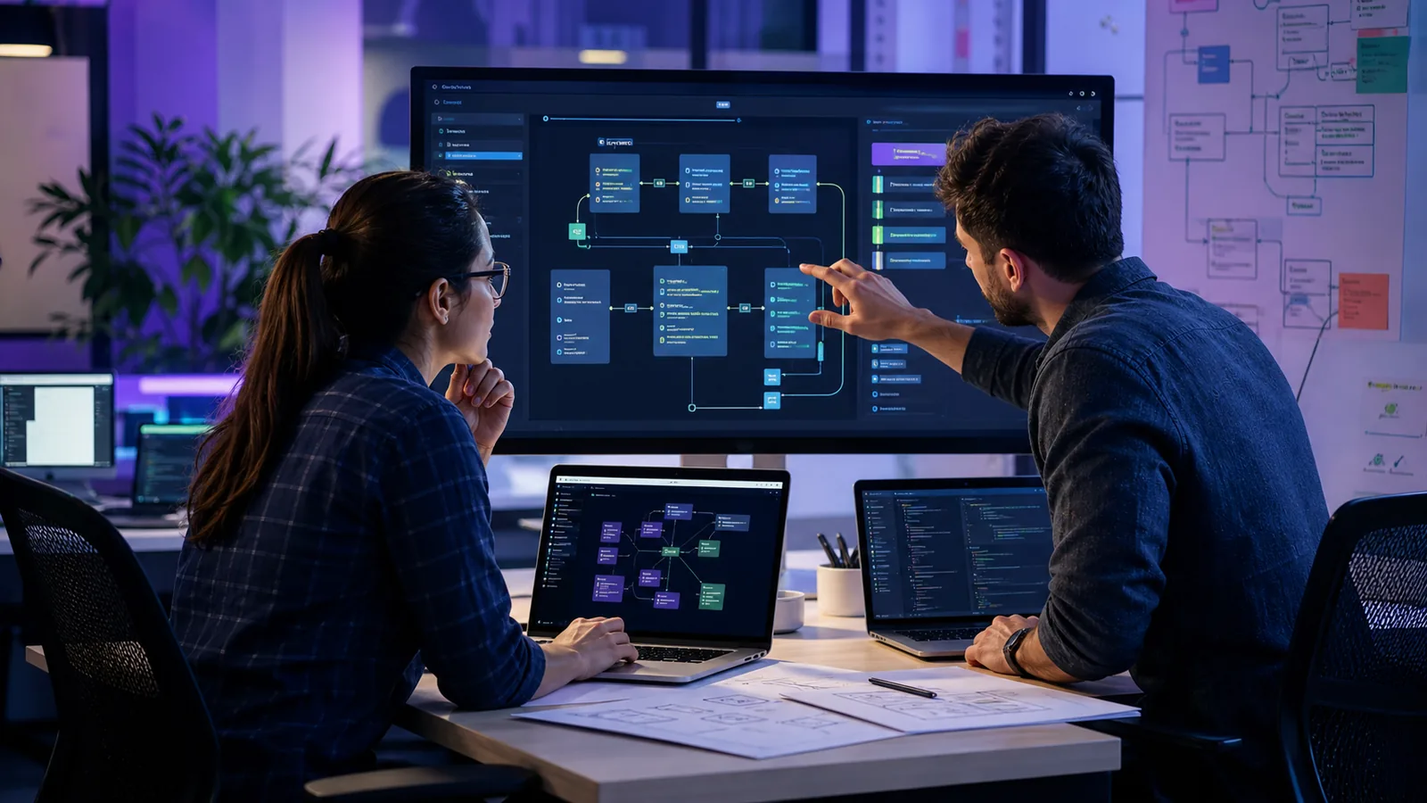 Arquitetos de software planejando módulos, integrações e fluxos de um sistema sob medida