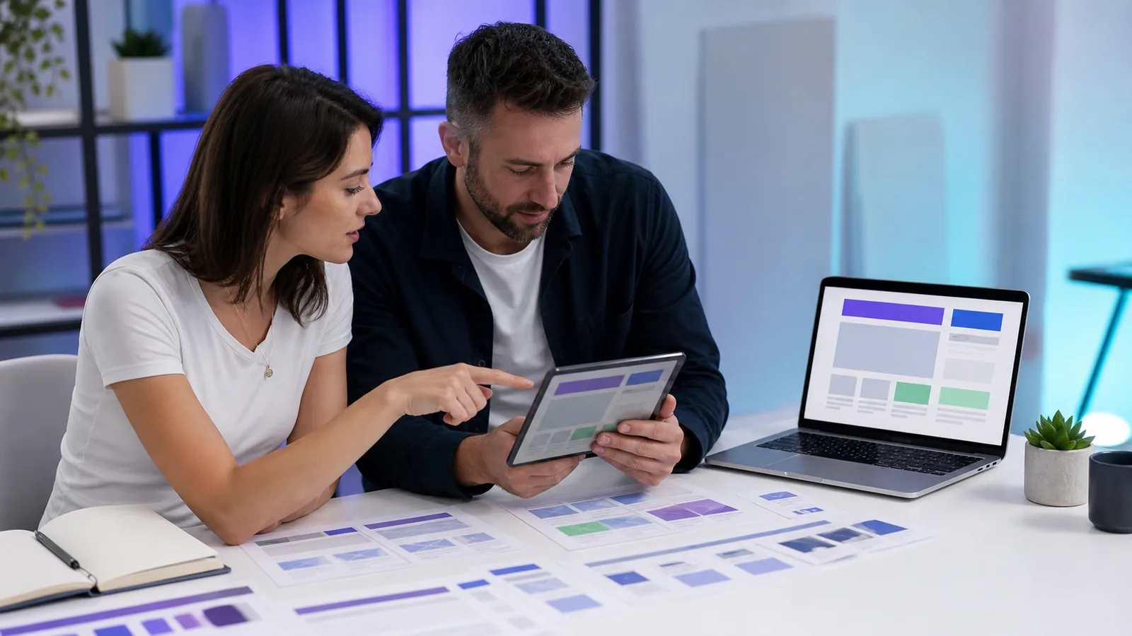 Designer e cliente analisando wireframes e versões responsivas de um site profissional